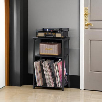 Black End Table, Small Side Table with Metal Frame,Modern Record Player Stand with Storage Shelf, Wood 3 Tier Sofa Bedside Tables, Narrow Nightstand for Living Room Bedroom Office