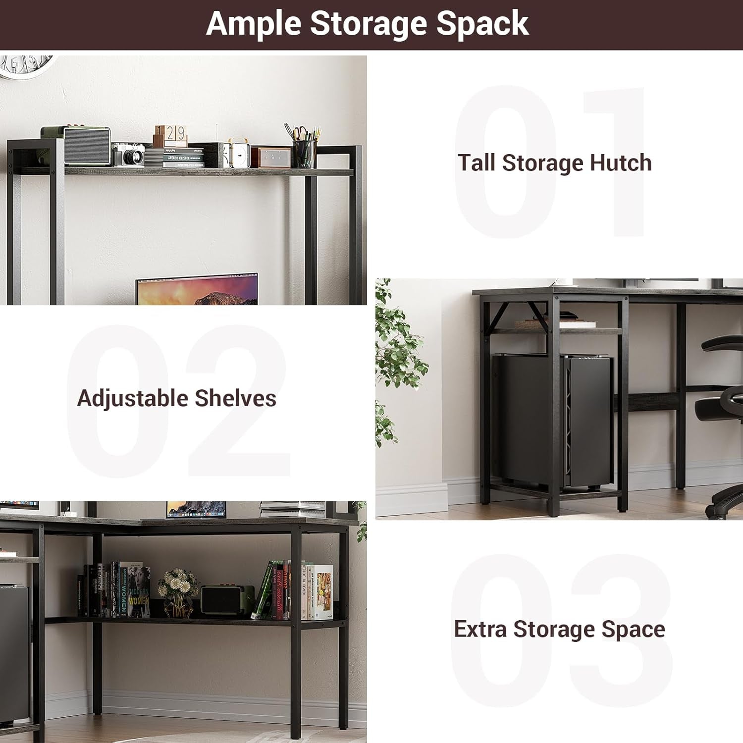 L Shaped Gaming Desk with LED Strip and Power Outlets, Reversible L-Shaped Computer Desk with Storage Shelves, Corner Desk with Hutch, 2 Person Home Office Desk, Black Oak