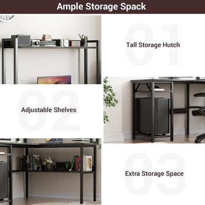 L Shaped Gaming Desk with LED Strip and Power Outlets, Reversible L-Shaped Computer Desk with Storage Shelves, Corner Desk with Hutch, 2 Person Home Office Desk, Black Oak