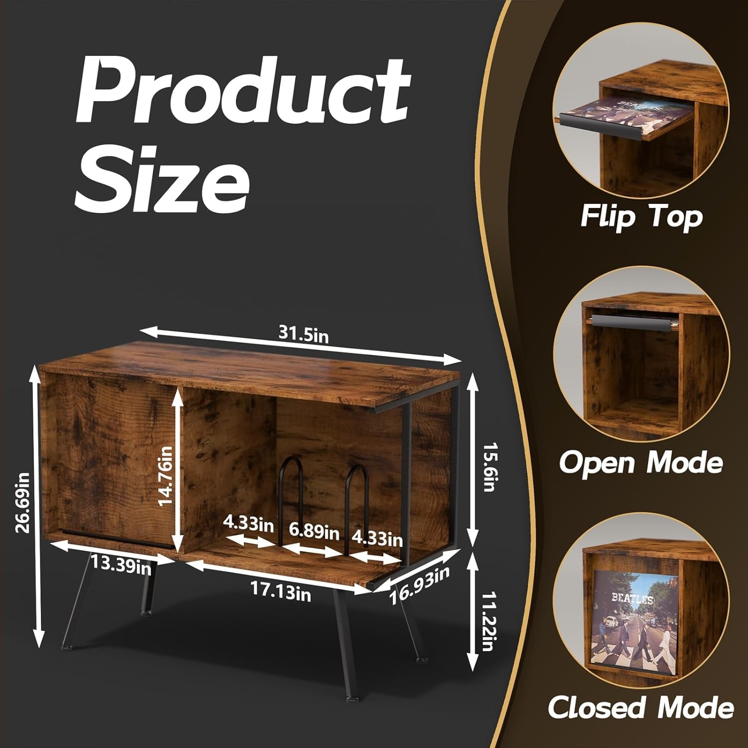 Flip Top Record Player Stand, Large Record Player Table with Open Storage Holds up to 150+ Albums, Mid Century Turntable Stand, Stereo Cabinet for Speakers, for Living Room, Bedroom, Rustic