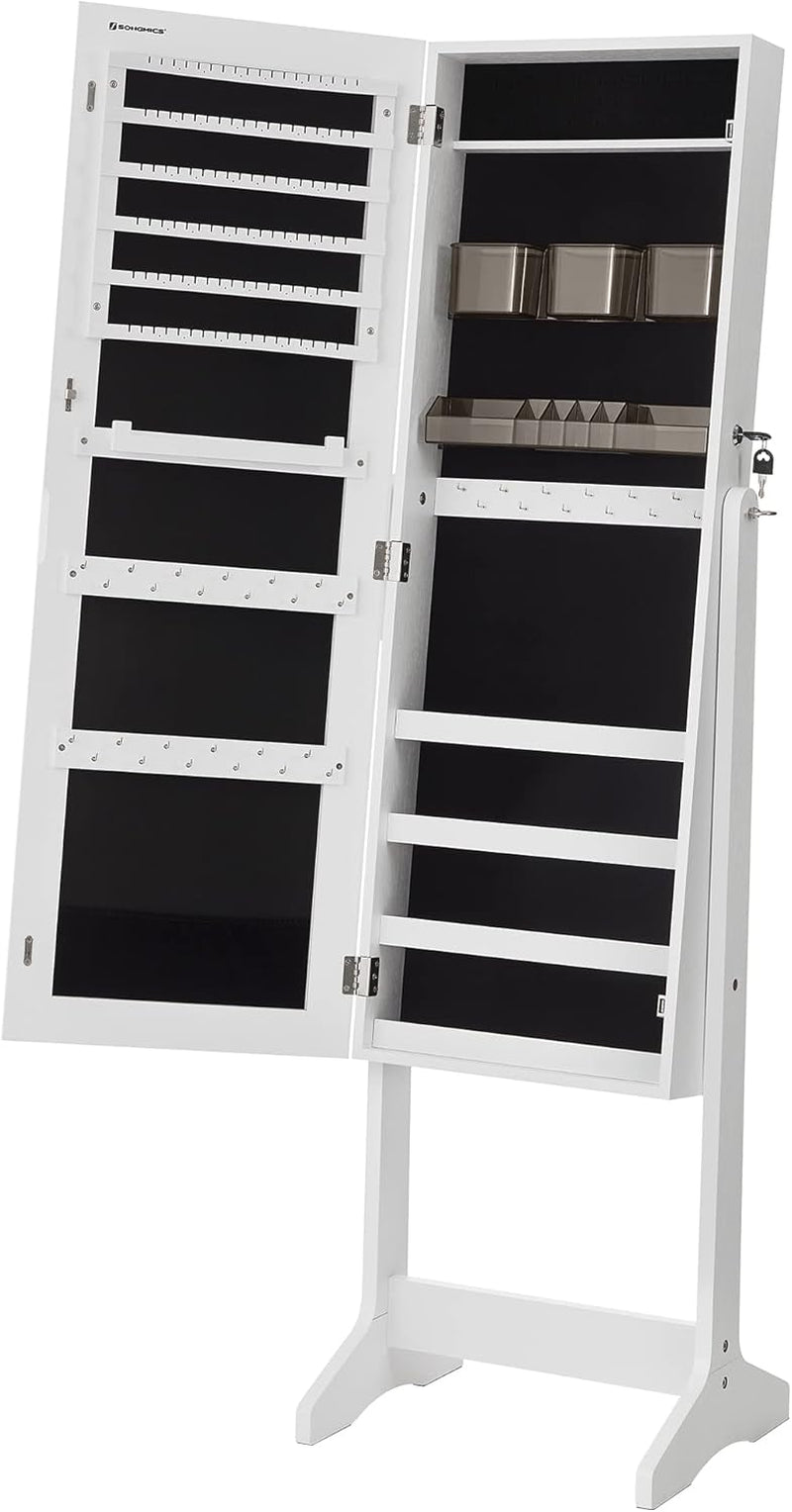 Jewelry Cabinet Armoire, Freestanding Lockable Storage Organizer Unit with 2 Plastic Cosmetic Storage, Full-Length Frameless Mirror, for Necklace Earring, White UJJC002W01