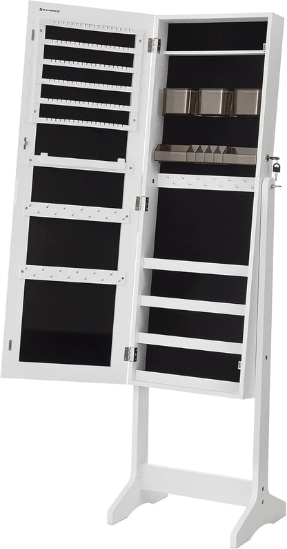 Jewelry Cabinet Armoire, Freestanding Lockable Storage Organizer Unit with 2 Plastic Cosmetic Storage, Full-Length Frameless Mirror, for Necklace Earring, White UJJC002W01