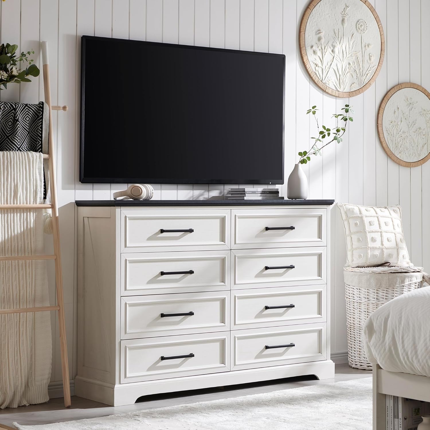 Farmhouse 8 Drawers Dresser Chests for Bedroom,52" Wide Wood Rustic Chest of Drawers with Metal Handle,Natural Texture,Drawer Organizer for Bedroom,Living Room,Hallway and Entryway,White
