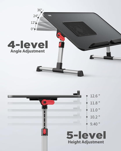 Laptop Desk for Bed with Cooling Fan,  Height & Angle Adjustable Laptop Stand for Bed, Lap Desk Tray Table, Lightweight Foldable Portable Computer Table for Couch Sofa Chair Floor Desk (Black)