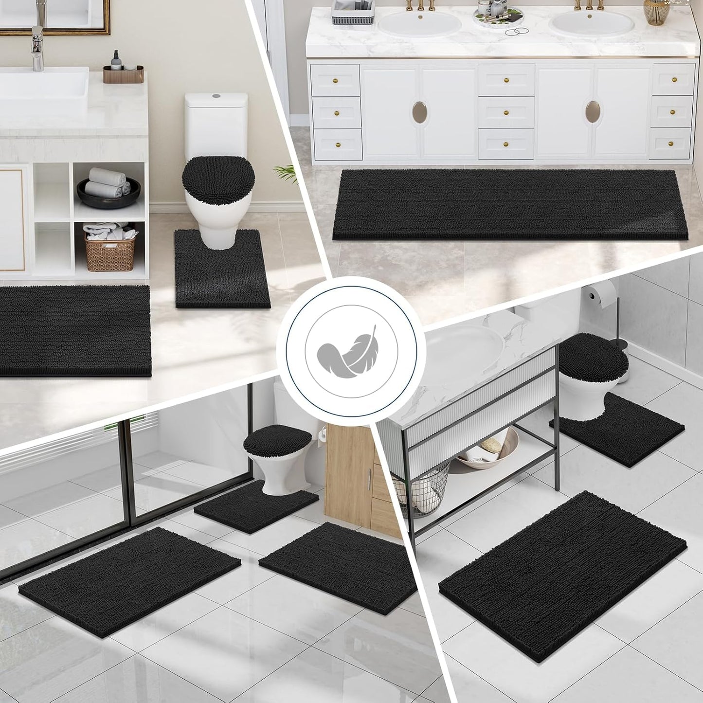 Luxury Chenille Bathroom Rugs 30X20, Extra Soft and Absorbent Shaggy Bath Mat, Machine Washable, Non-Slip Plush Carpet Runner for Tub, Shower, and Floor, Home Decor Accessories, Black