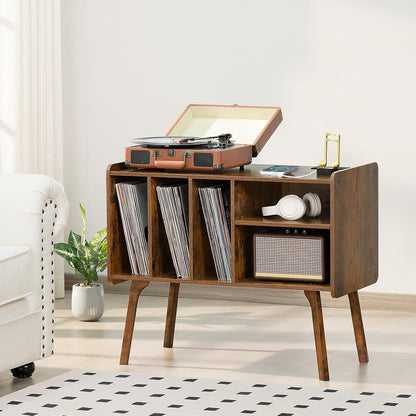 Record Player Stand with Charging Station Holds up to 220 Albums, Brown Turntable Stand with 4 Cabinet, Large Mid-Century Record Player Table,Vinyl Holder Storage for Bedroom Living Room