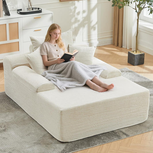Chaise Lounge Chair Indoor, Corduroy Upholstered Boneless Sofa Bed Couch with Armrests and 3 Pillows, Cloud Sleeper Sofa Chair Couches for Living Room Bedroom, No Assembly Required (Beige-68“)