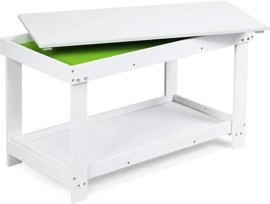 2 in 1 Kids Activity Table W/Storage, Patented Building Block Table W/Board for Bricks Crafts Arts Draw, Children Solid Wood Play Table Desk for Preschool Toddler Boy & Girl Gift, White
