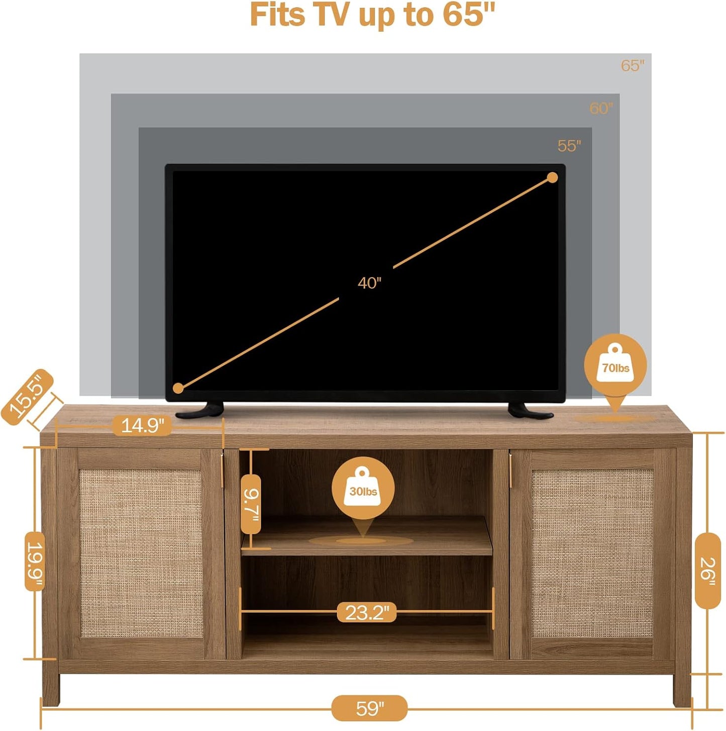 TV Stand for Living Room : Rattan TV Console Cabinet with Storage and Shelf, Boho Entertainment Center, 59" Media Console for 55, 65 Inch TV, 26" Tall Television Stands, Oak