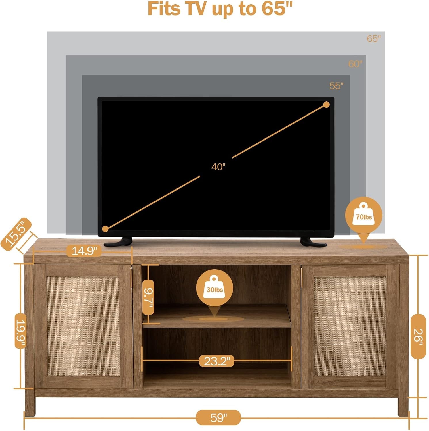 TV Stand for Living Room : Rattan TV Console Cabinet with Storage and Shelf, Boho Entertainment Center, 59" Media Console for 55, 65 Inch TV, 26" Tall Television Stands, Oak