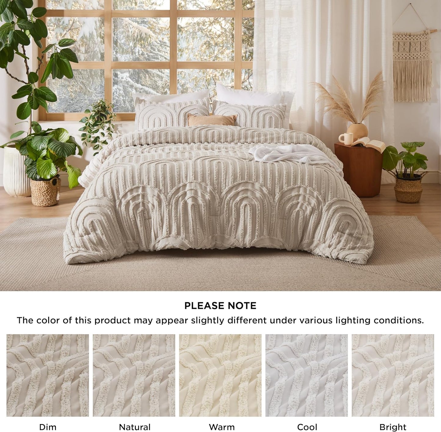 Boho Tufted Queen Comforter Set - Beige Boho Bedding Comforter Sets, 3 Pieces Farmhouse Shabby Chic Embroidery Bed Set, Soft Fluffy Cozy Arch Pattern Comforter for All Seasons