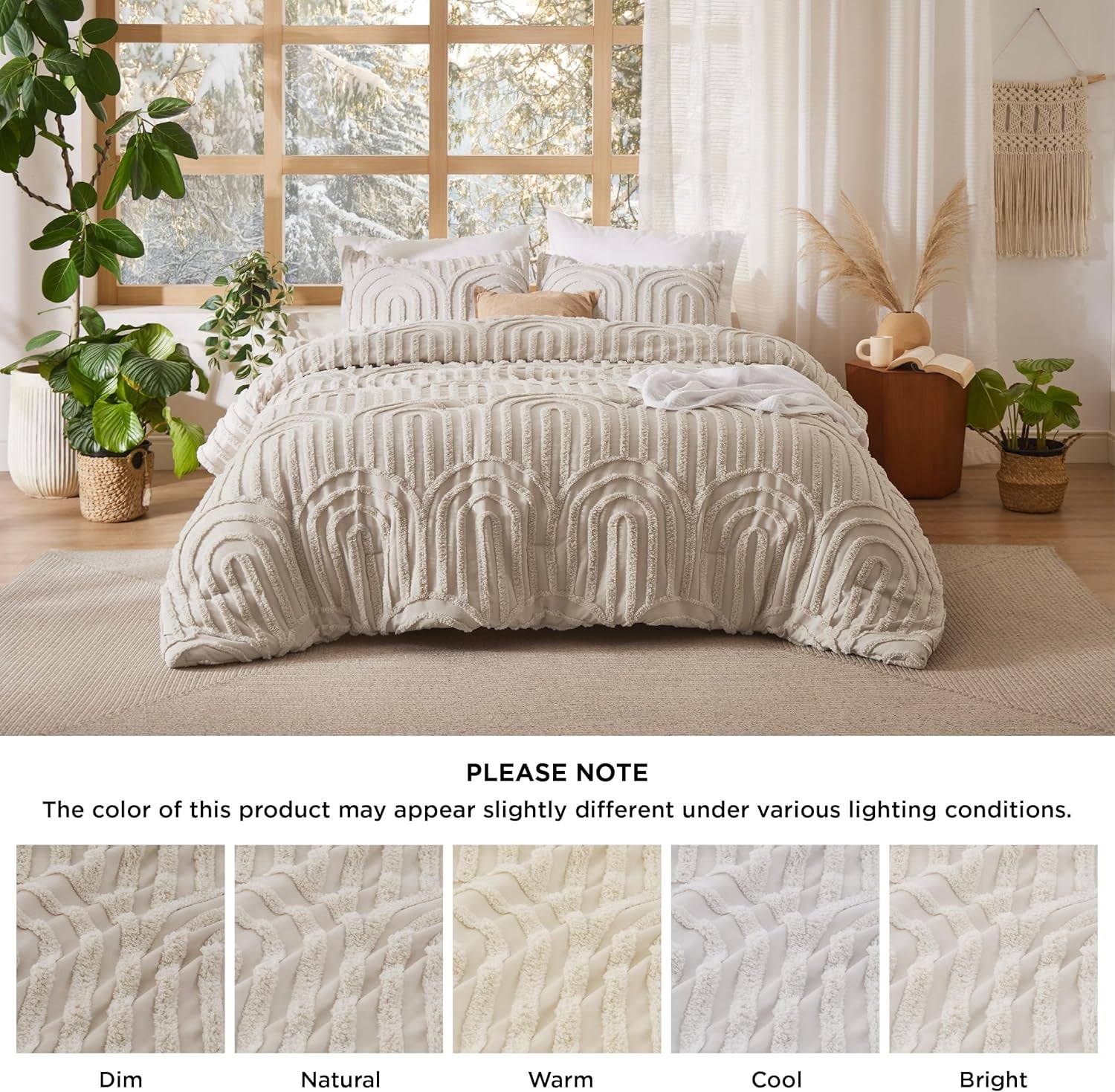 Boho Tufted Queen Comforter Set - Beige Boho Bedding Comforter Sets, 3 Pieces Farmhouse Shabby Chic Embroidery Bed Set, Soft Fluffy Cozy Arch Pattern Comforter for All Seasons