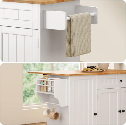 Kitchen Island with Storage, Island Table for Kitchen with Drop Leaf, 5 Wheels, Interal Storage Rack, a Drawer, Spicy Rack and Towel Bar, Sufficient Countertop Space and Storage, White