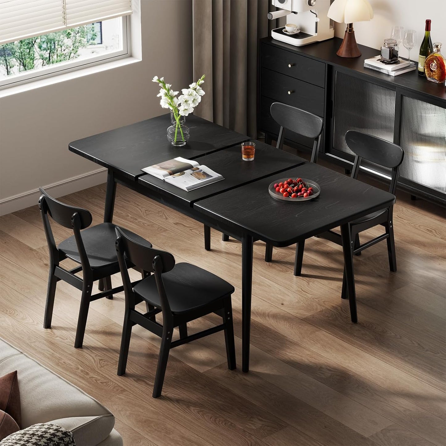 Solid Wood Extendable Dining Table for 4-8 People with Seamless Extension from 47.2 to 63 Inches, Easy Assembly, Expandable Tables for Small Spaces, Dining Room, Kitchen, Living Room, Black