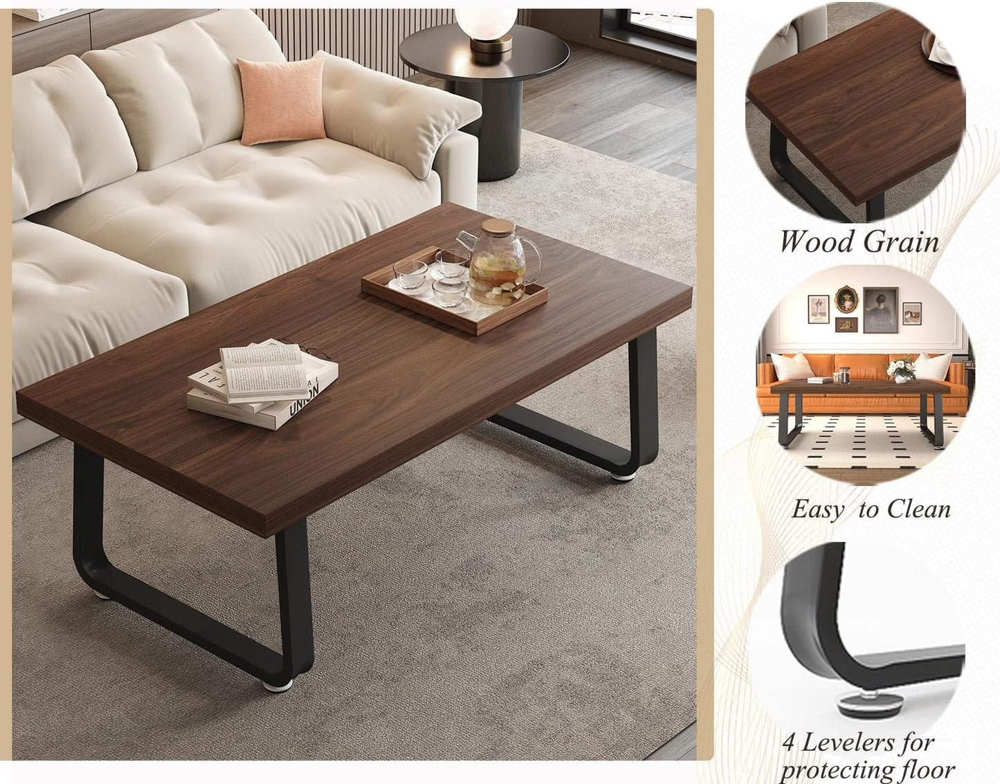 Rustic Walnut Coffee Table, 39” Mid Century Modern Center Table, Rectangle Industrial Living Room Coffee Table, Simple Farmhouse Wood and Metal Tea Coffee Tables for Home Bedroom, Walnut, 39 In