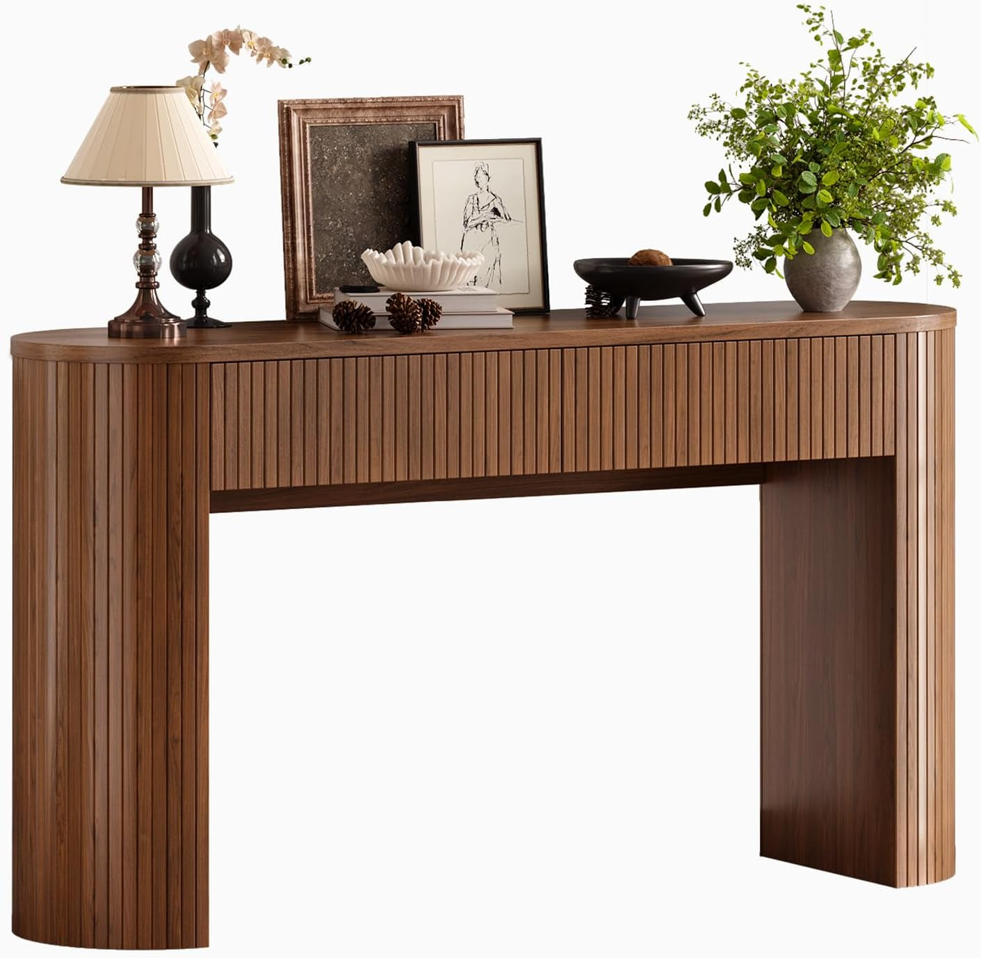 55 Inch Console Table with 2 Drawers, Fluted Entryway Tables with Storage, Sofa Table behind the Couch, Hallway Tables, Mid-Century Modern Foyer Table for Entryway, Hallway, Living Room, Walnut