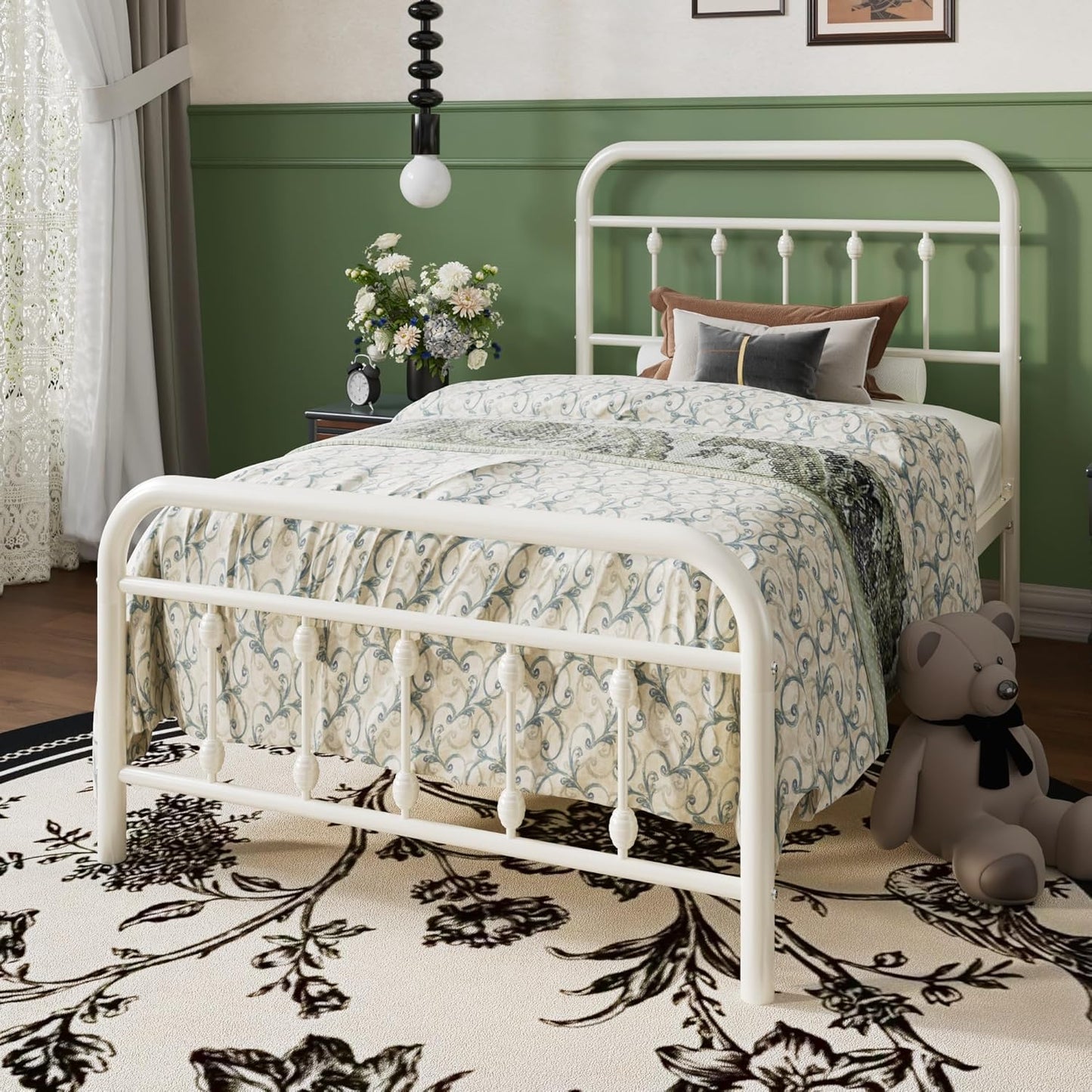 Twin Size Metal Platform Bed Frame with Victorian Style Iron-Art Headboard and Footboard, Easy Assembly, under Bed Storage, No Box Spring Required, off White