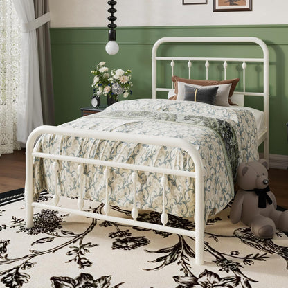 Twin Size Metal Platform Bed Frame with Victorian Style Iron-Art Headboard and Footboard, Easy Assembly, under Bed Storage, No Box Spring Required, off White
