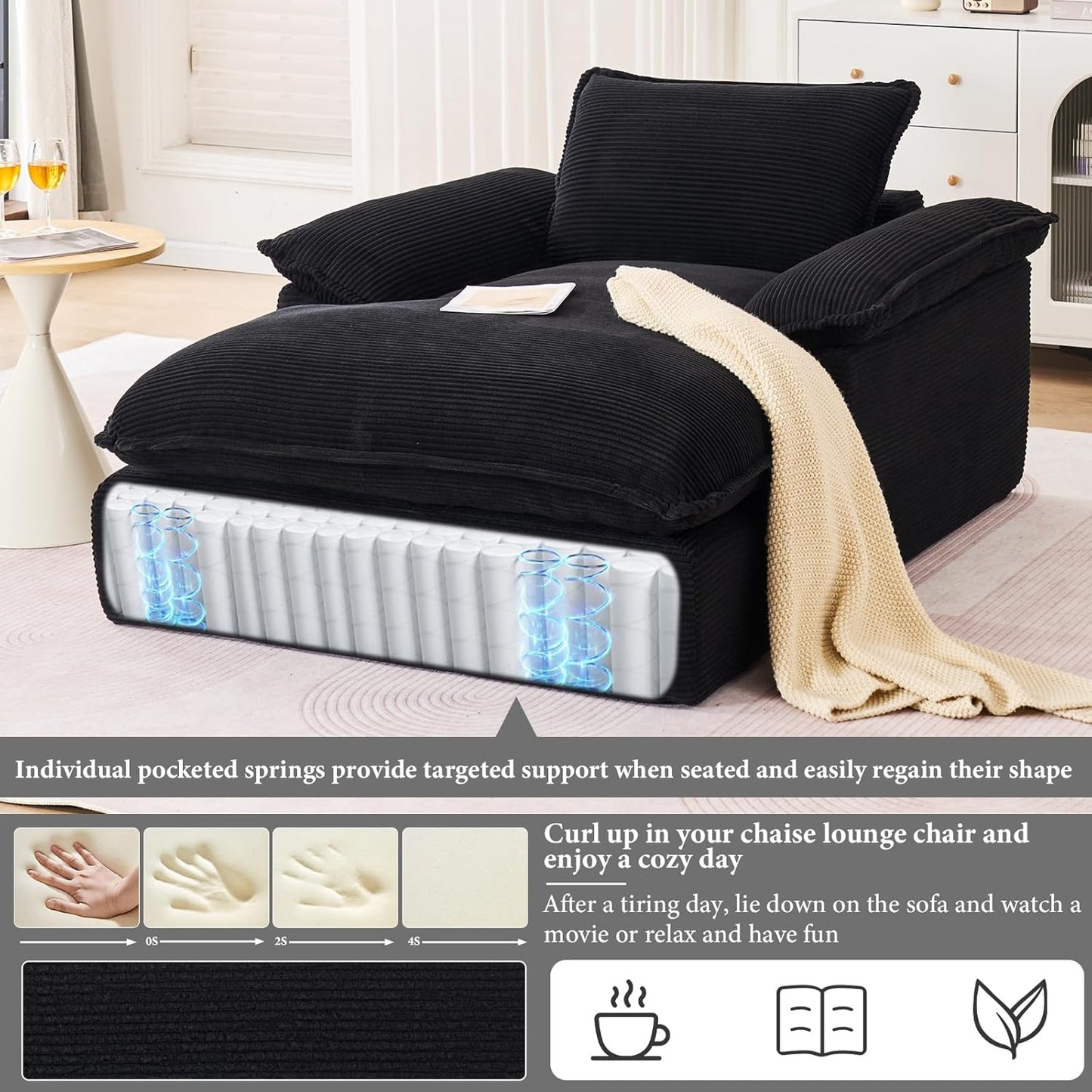 Oversized Chaise Lounge Chair Indoor, 67" Boneless Chaise Lounge with Extra Deep Seat, Comfy Corduroy Upholstered Sleeper Sofa Bed, Cozy Fluffy Single Sofa Armchair for Living Room, Black