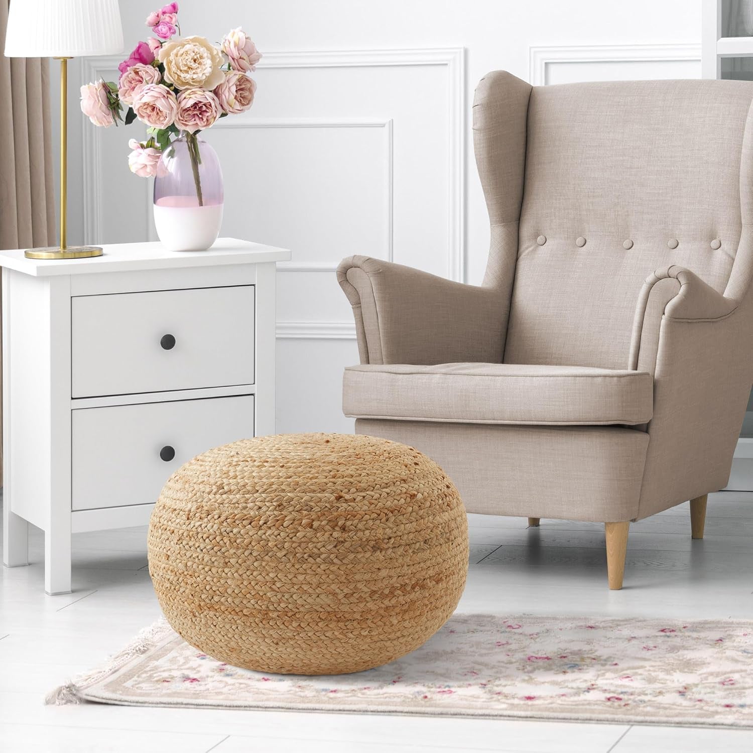 Hand-Braided Jute Pouf Ottoman Footrest, 19" round X 10-1/2" High, Natural Woven Boho Floor Cushion, Home Decor for Living Room, Bedroom, Apartment
