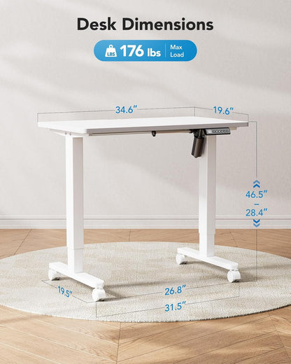 Electric Small Standing Desk, 35" X 20" Whole Piece Desktop, Adjustable Height Computer Desk, 4 Height Memory Settings, Sit Stand up Desk for Home Office, White