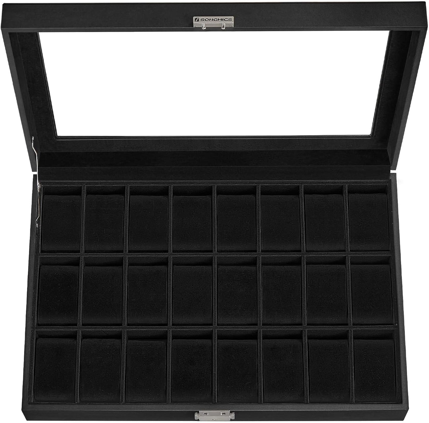 24-Slot Watch Box, Lockable Watch Storage Case with Glass Lid, Gift Idea, Ink Black Synthetic Leather, Ink Black Lining UJWB024B02