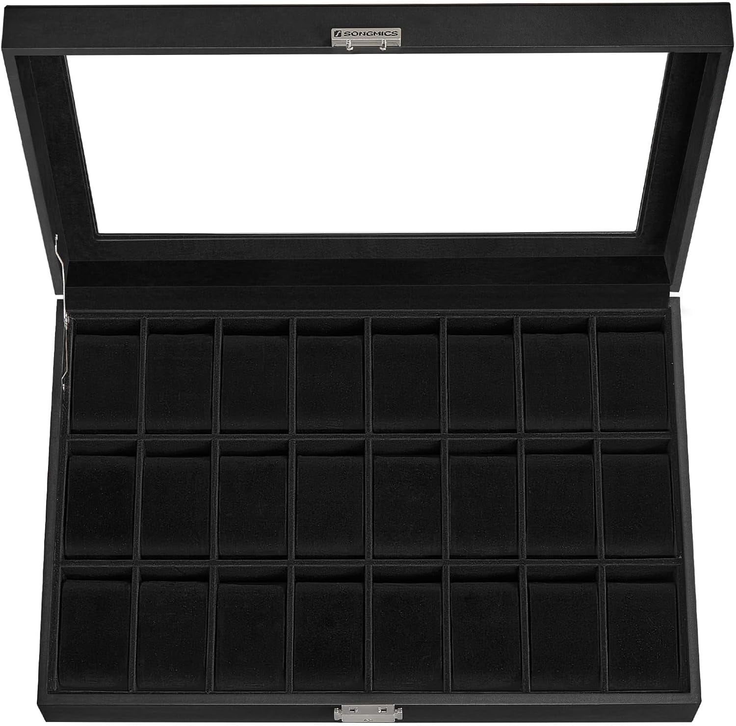 24-Slot Watch Box, Lockable Watch Storage Case with Glass Lid, Gift Idea, Ink Black Synthetic Leather, Ink Black Lining UJWB024B02