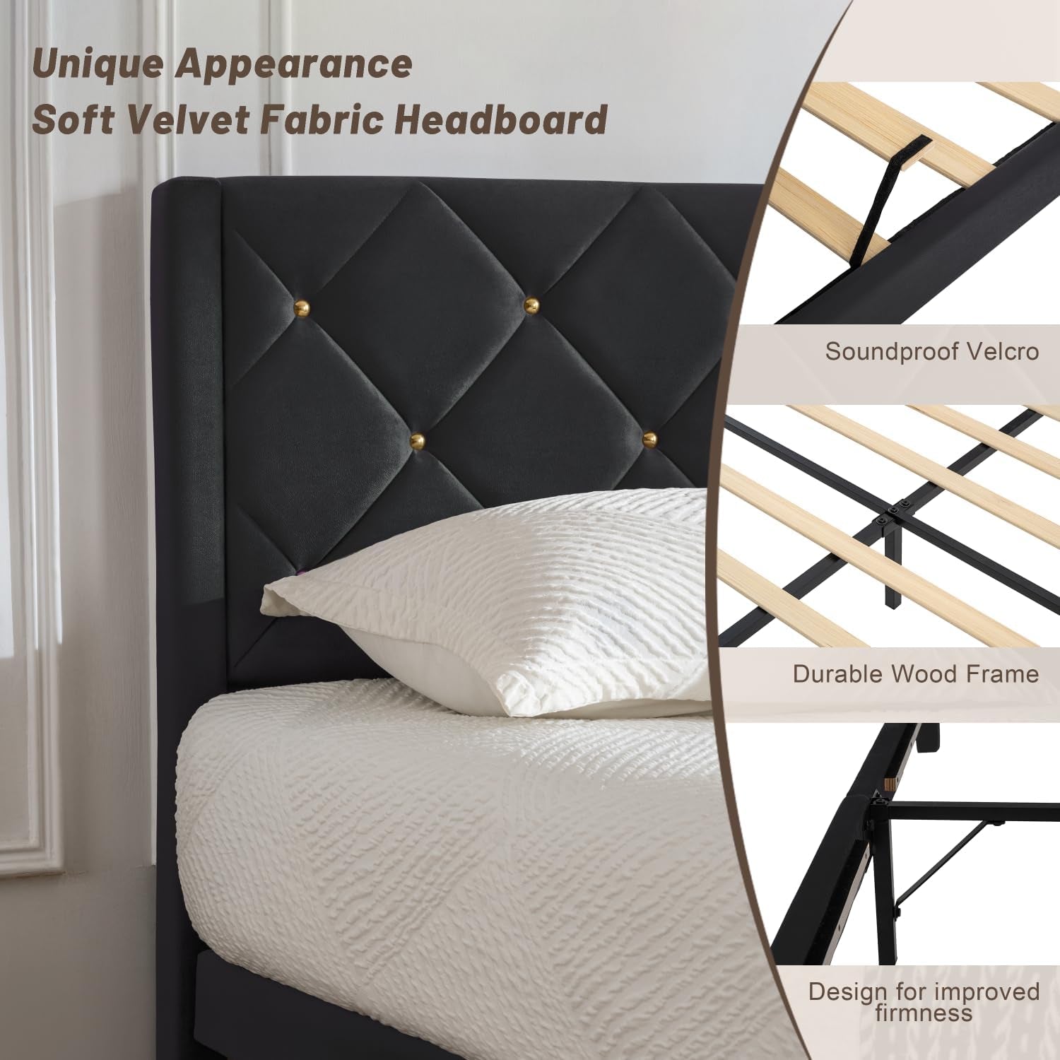 Queen Bed Frame with Headboard, Bed Frame Queen Size with Sturdy Wooden Slats Support, Platform Frame with Velvet Upholstered Headboard, Mattress Foundation, Easy Assembly, No Box Spring Needed Black
