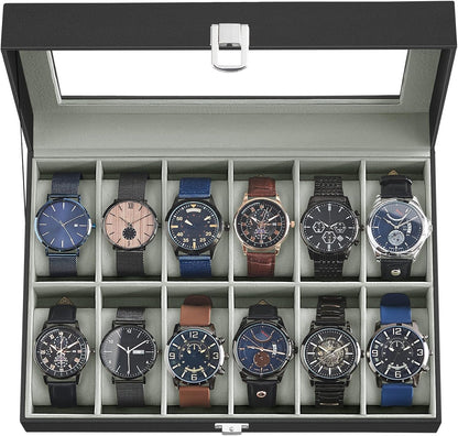 Watch Box, 12-Slot Watch Case Organizer with Large Glass Lid, Removable Pillows, Gift for Loved Ones, Black Synthetic Leather, Gray Lining UJWB12BK