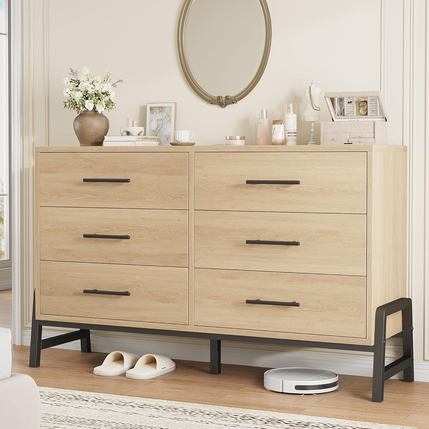 6 Dresser for Bedroom, 52" Wide Drawer with Large Storage Space, Freestanding Wooden Closet Storage Dresser Chest for Living Room, Bedroom, Entryway, Natural Oak