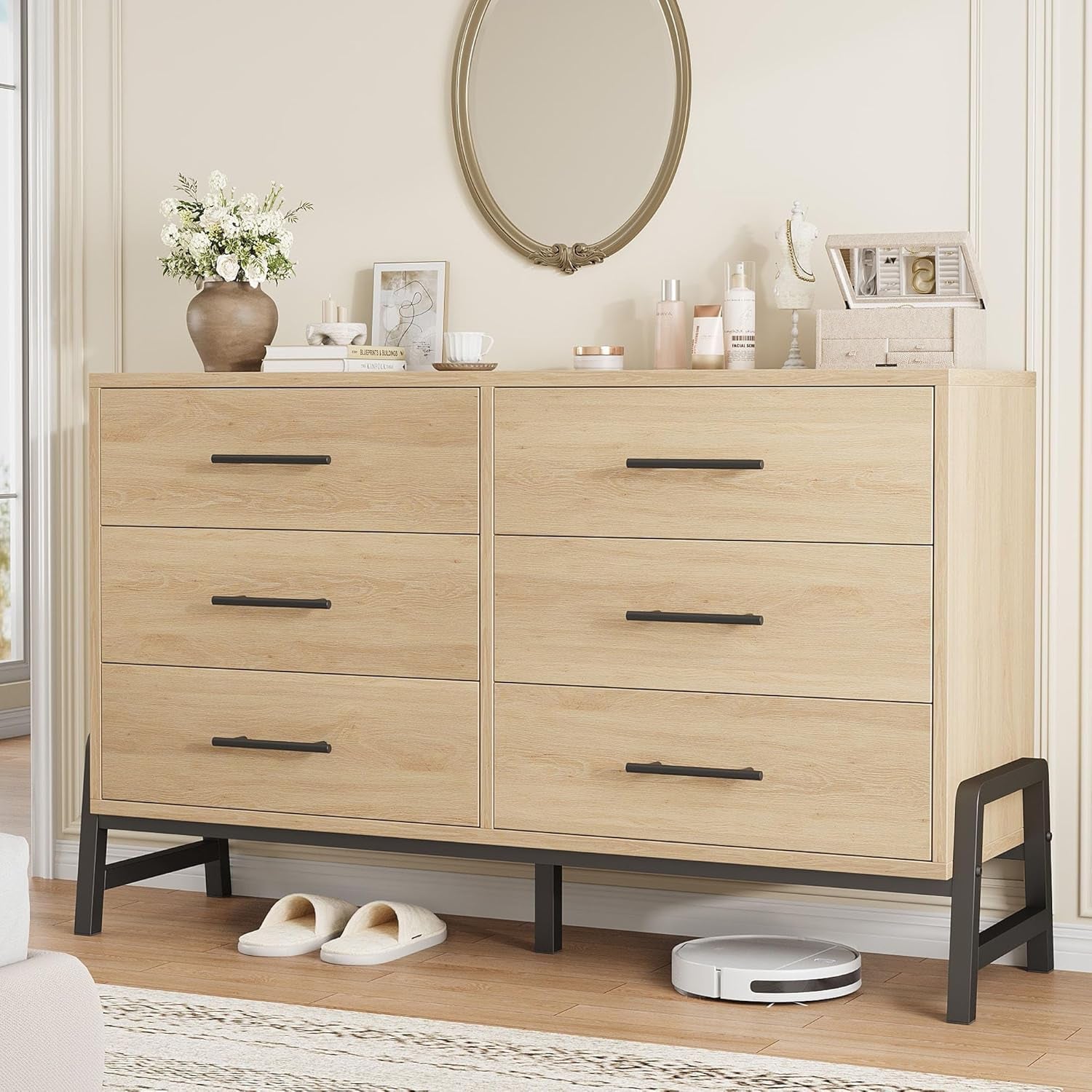 6 Dresser for Bedroom, 52" Wide Drawer with Large Storage Space, Freestanding Wooden Closet Storage Dresser Chest for Living Room, Bedroom, Entryway, Natural Oak