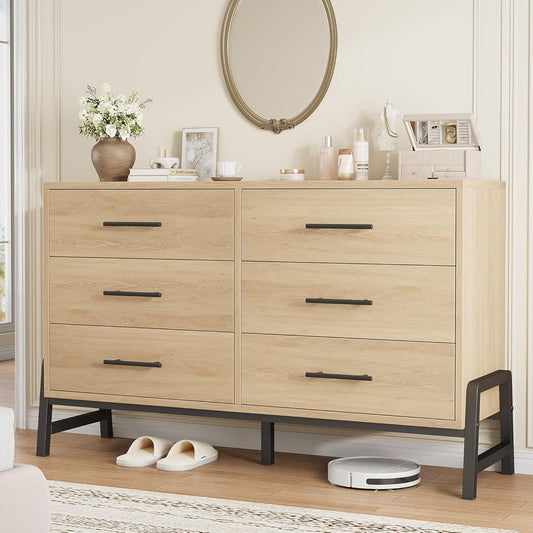 6 Dresser for Bedroom, 52" Wide Drawer with Large Storage Space, Freestanding Wooden Closet Storage Dresser Chest for Living Room, Bedroom, Entryway, Natural Oak