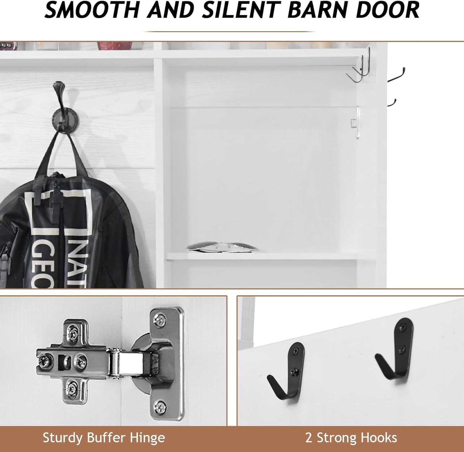 Farmhouse Mudroom Hall Tree with Shoe Storage, 79 Inch Hall Tree with Bench for Entryway, White Entryway Bench with Coat Rack and Barn Door, Adjustable Shoe Cubbies and 3-Tier Cabinet