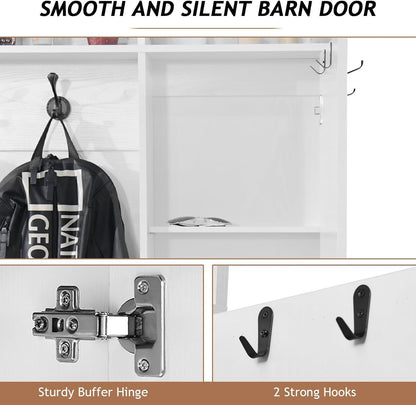 Farmhouse Mudroom Hall Tree with Shoe Storage, 79 Inch Hall Tree with Bench for Entryway, White Entryway Bench with Coat Rack and Barn Door, Adjustable Shoe Cubbies and 3-Tier Cabinet