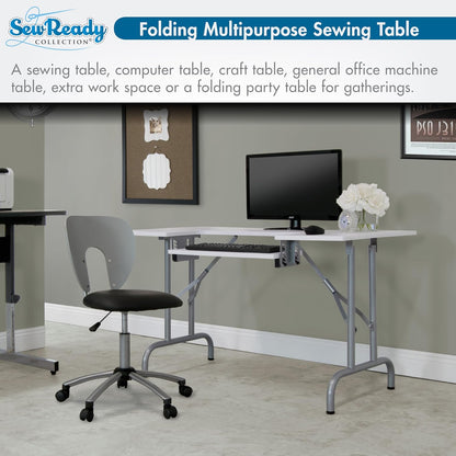 Folding Multipurpose Sewing Table - 47.5" W X 28" D Foldable White Hobby and Sewing Machine Table with Adjustable Shelf - Can Also Be Used as Computer Desk