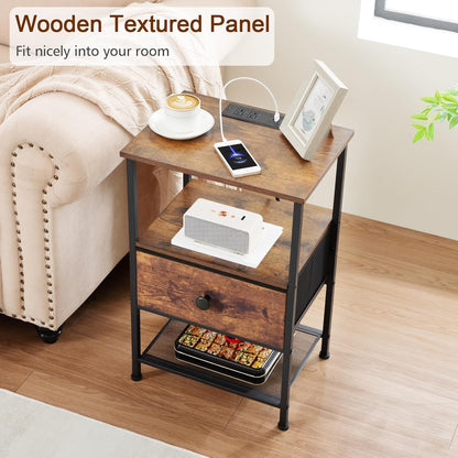 Night Stand Set 2, Nightstand with Charging Station, End Tables Living Room with Fabric Drawer for Small Spaces, Bed Side Tables with Storage Shelf for Bedroom, Rustic Brown HETS010PBR