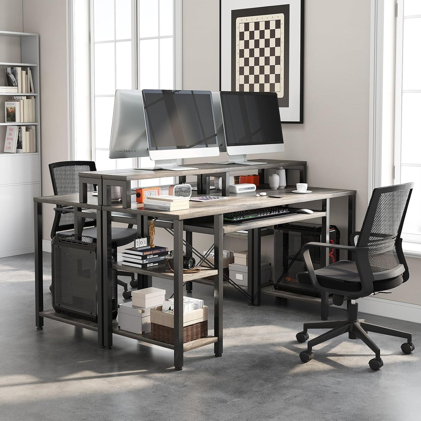 Computer Desk- 48 Inch Home Office Desk with Keyboard Tray, 47" Gaming Desk with Full Monitor Stand & Storage Shelves & CPU Stand, Modern Study Writing Table with Shelf for Storage, Gray Oak