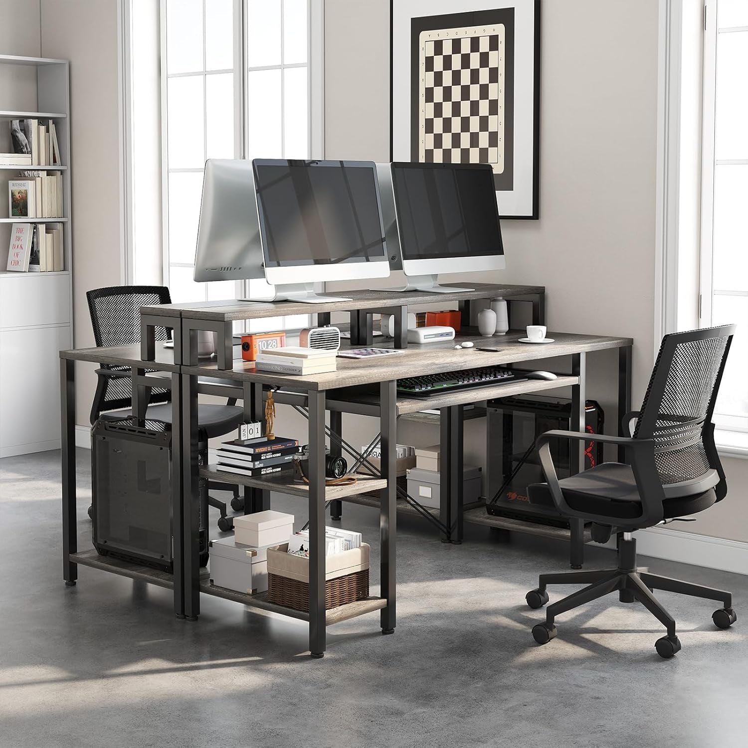 Computer Desk- 48 Inch Home Office Desk with Keyboard Tray, 47" Gaming Desk with Full Monitor Stand & Storage Shelves & CPU Stand, Modern Study Writing Table with Shelf for Storage, Gray Oak