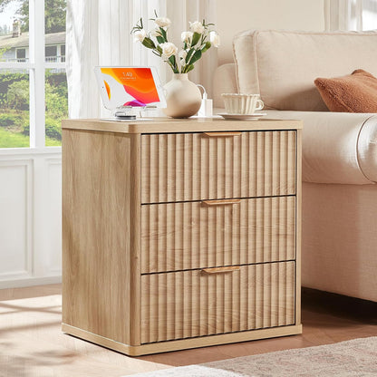 23" Wide Fluted Farmhouse Night Stand Set of 2 with Charging Station, 3 Drawers Large End Table W/Metal Handle, Natural Nightstand Bedside Table,Wood Dresser for Bedroom, Closet