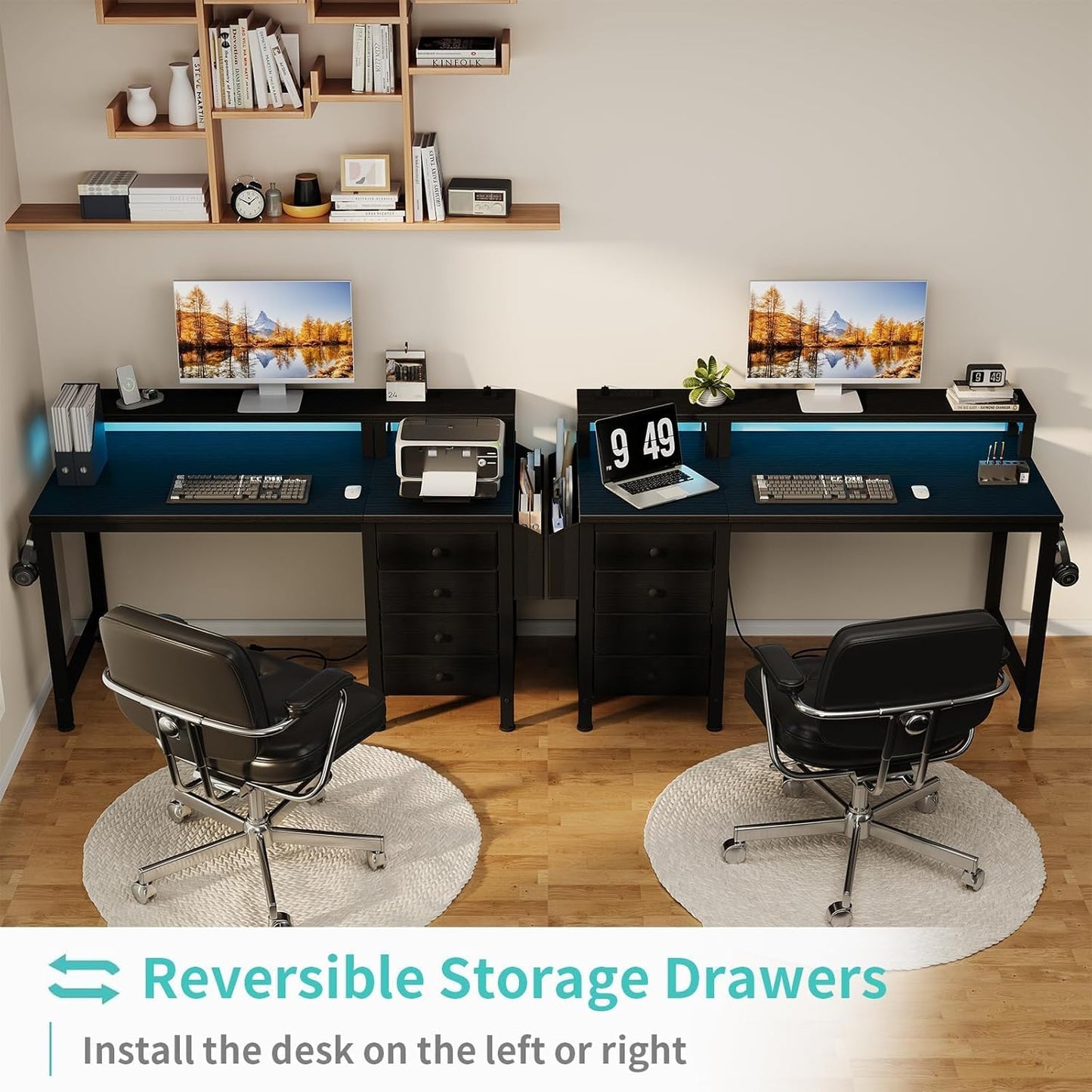 Gaming Desk with LED Lights and Power Outlets, 47 Inch Computer Desk with Fabric Drawers, Reversible Home Office Desk with Monitor Stand, Black