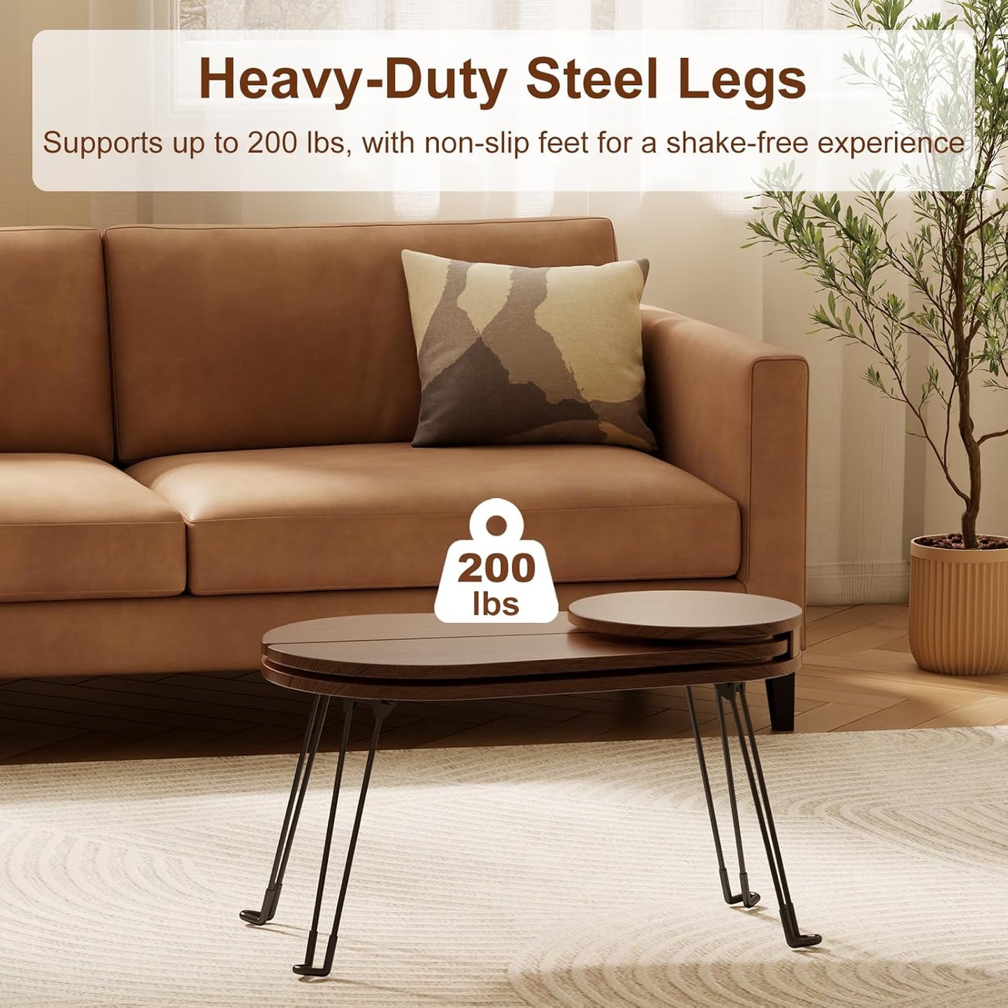 Solid Wood Small Coffee Table, Beetle Design, Full Assembly, Folding Coffee Table for Small Spaces, Portable Floor Table Furniture for for Garden, Balcony, Indoor or Outdoor Use (Walnut)