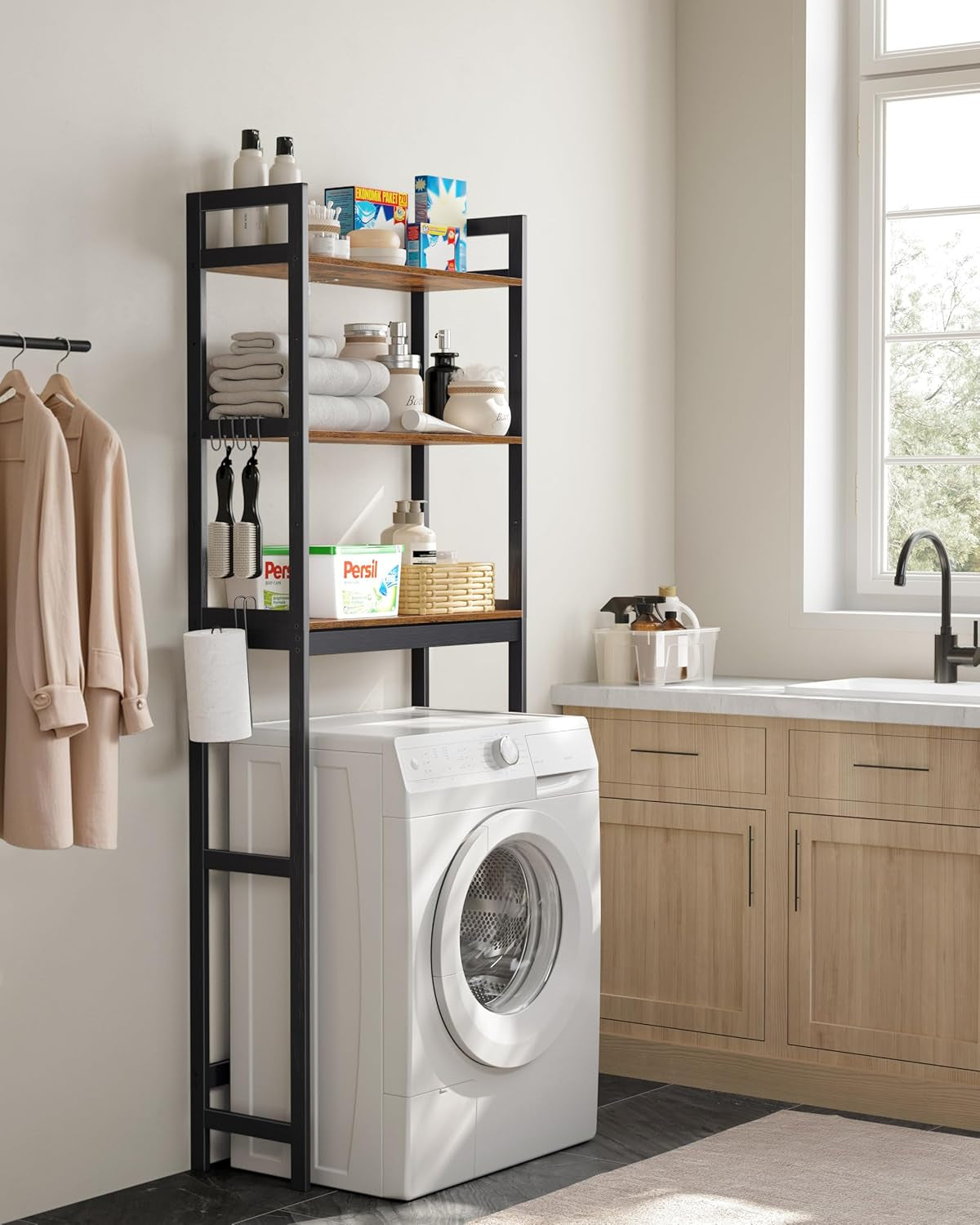 Over-The-Toilet Storage, 3-Tier Bathroom Organizer over Toilet with Adjustable Shelves, Hooks, Bamboo, Freestanding Space Saver Bathroom Shelves, Rustic Brown and Ink Black UBTS012B01