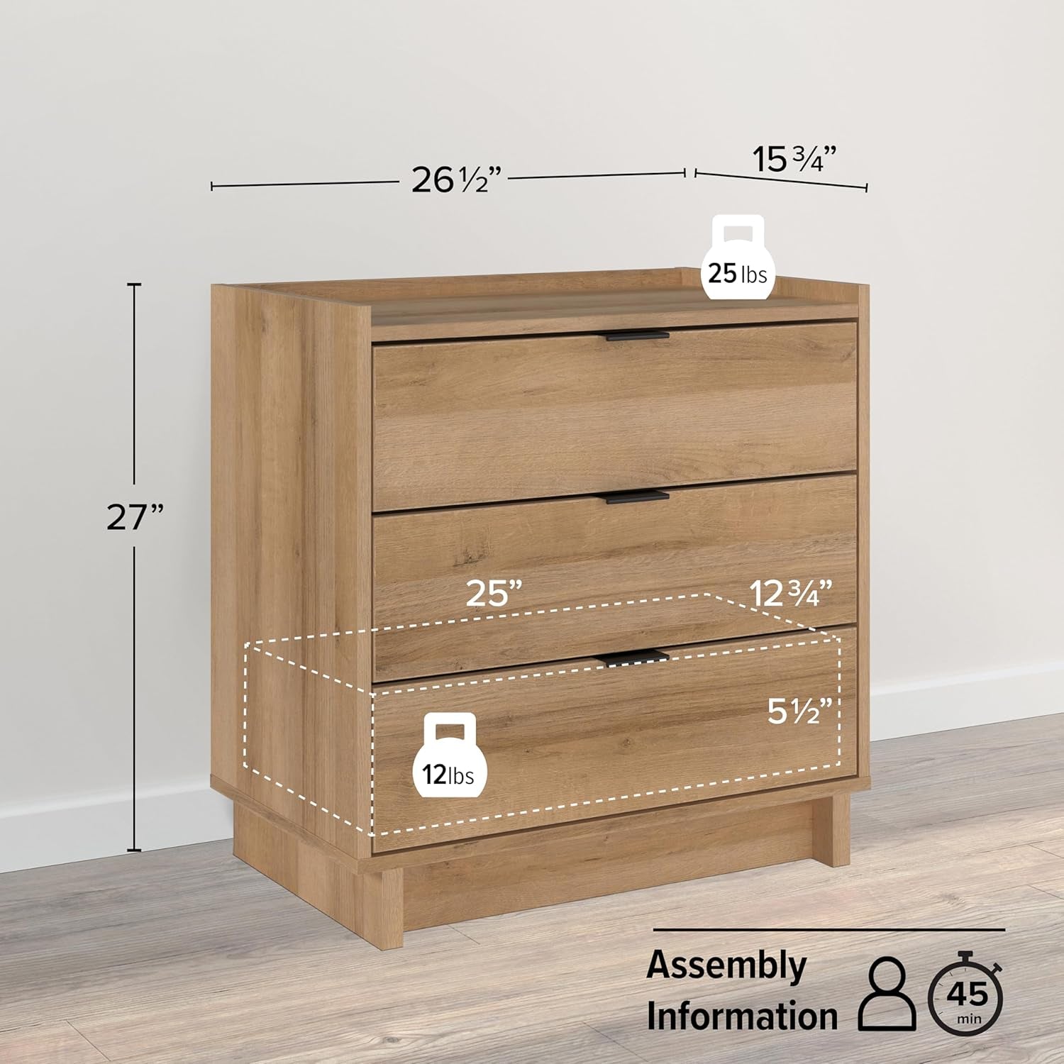 Simply Modern Nightstand Bedside Table, Natural Oak Nightstand for Bedroom, End Table with 3 Drawers 26.5" W X 26.75" H X 16" D