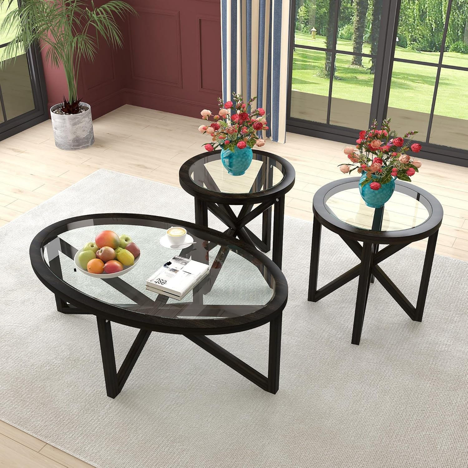 Modern Black Tempered Glass Side Table,Round End Table with Tempered Glass Top and Solid Wood Base.Simple & Modern round Table,Small Glass Tea Table for Living Room,Apartment,22.13In(Black)