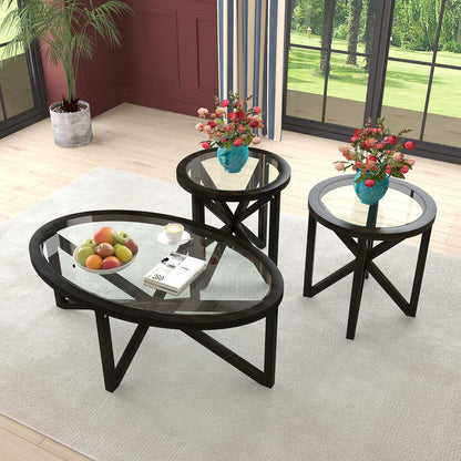 Modern Black Tempered Glass Side Table,Round End Table with Tempered Glass Top and Solid Wood Base.Simple & Modern round Table,Small Glass Tea Table for Living Room,Apartment,22.13In(Black)