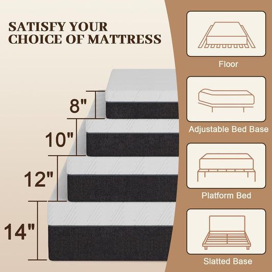 10 Inch Queen Mattress No Fiberglass Gel Memory Foam Mattress for Back Pain, Relieve Pressure with Medium Firm Support & Motion Isolation, Certified Safe Materials, 80" L X 60" W
