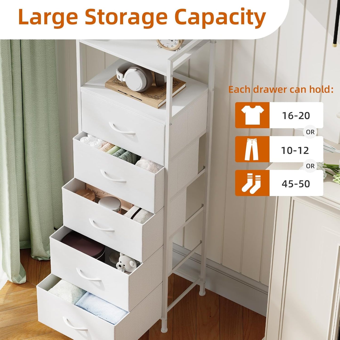 White Tall Night Stand for Bedroom,Tall 5 Drawers Dresser, Vertical Storage Tower Unit, Nightstand Furniture with Fabric Drawer Organizer in Bedside Kids Dorm Room Closet Laundry Entryway