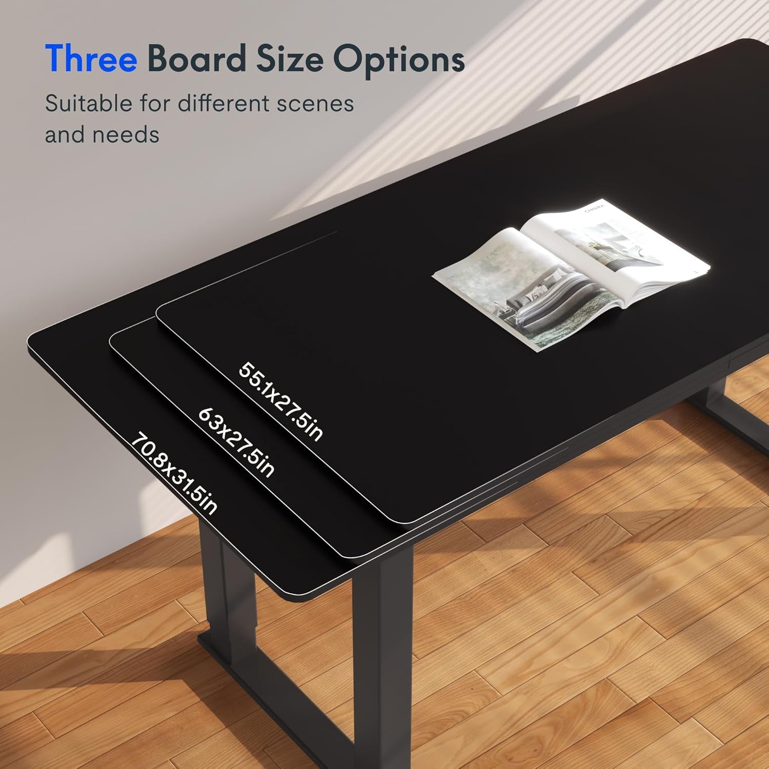 4 Leg Standing Desk 71 X 32 Inch Electric Adjustable Height Sit Stand Desk with Splice Board Home Office Desk, Black Top + Black Frame