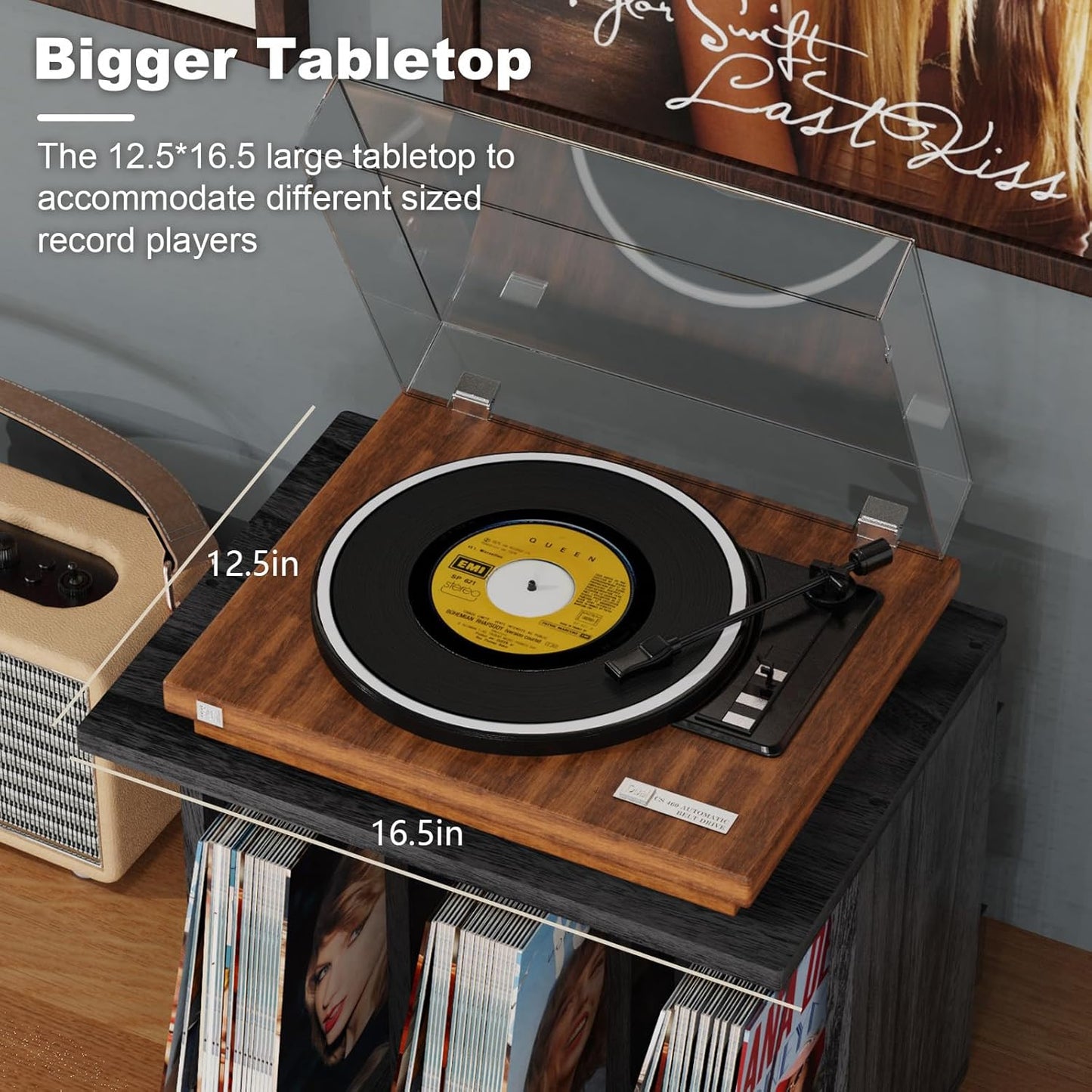 Vinyl Record Storage, Record Player Stand Wall Mount up to 80-100 Albums, 3-Compartment Vinyl Record Holder, Black