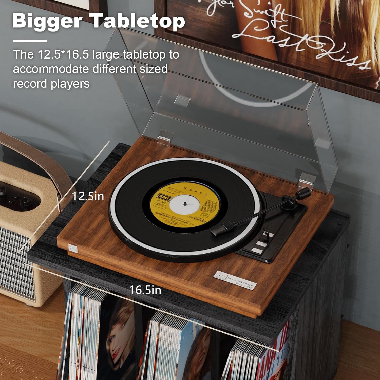 Vinyl Record Storage, Record Player Stand Wall Mount up to 80-100 Albums, 3-Compartment Vinyl Record Holder, Black